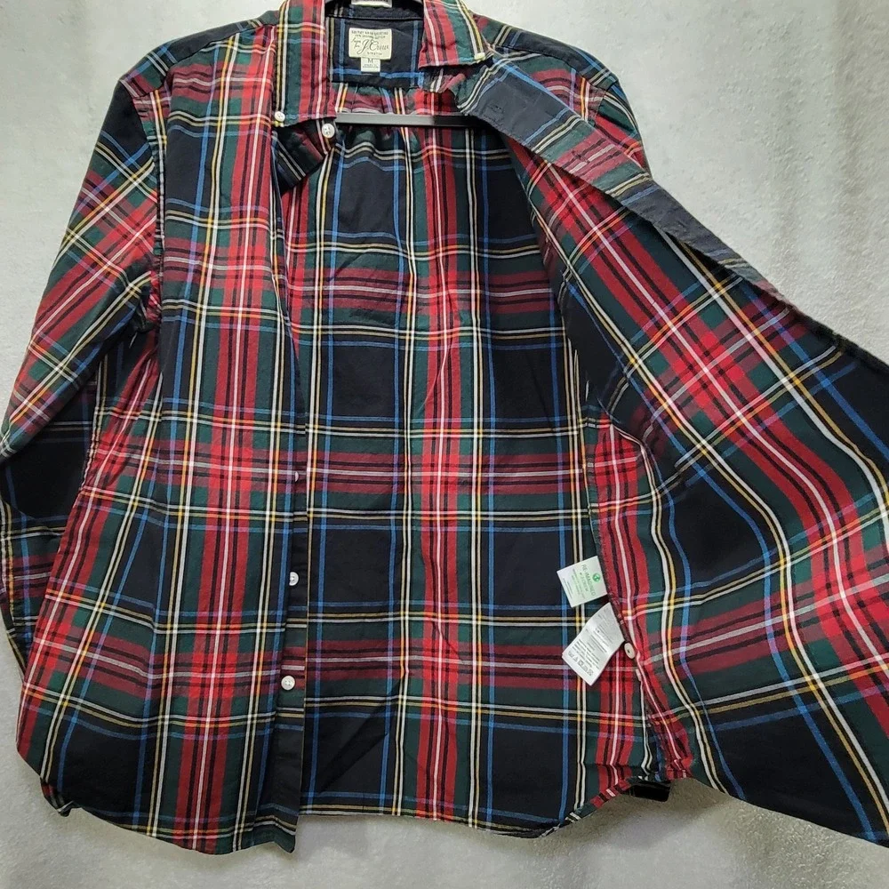 J. Crew Stretch Men Med Slim Untucked Shirt Button Down Green Red Plaid‎ Organic